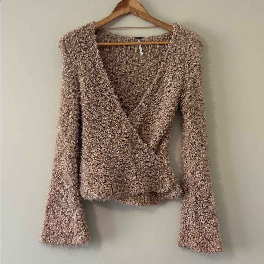 Free People Oversized XS Tan Boucle Faux Wrap Sweater Bell Sleeve